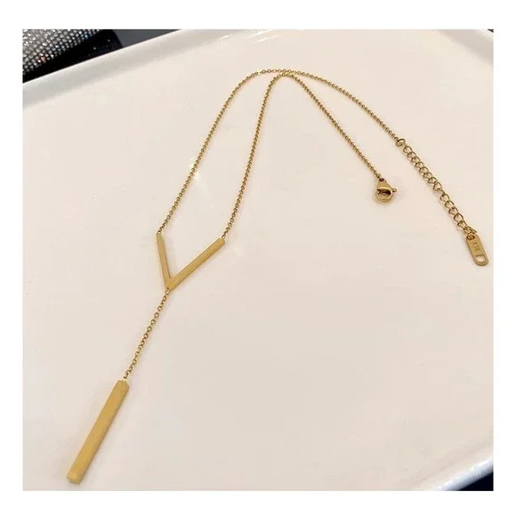 Lariat V Gold Plated Women's Fashion Necklace Dainty Layering - Picture 3 of 7